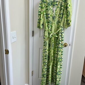 CELINA MOON Vibrant Green and Blue Floral Dress